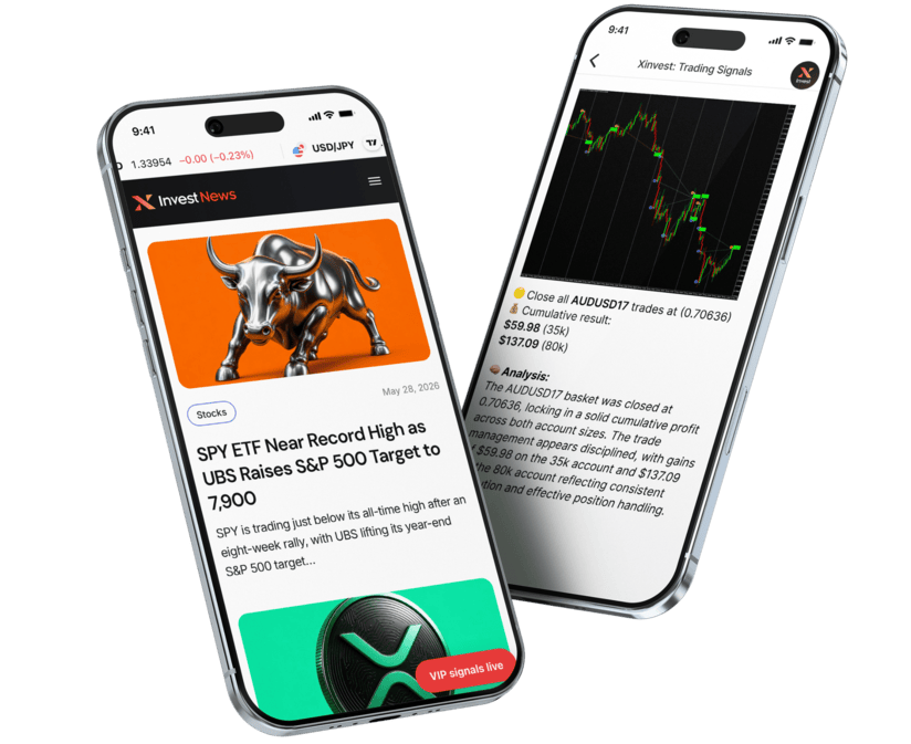 XInvest app on two phones — live news feed and trading signals